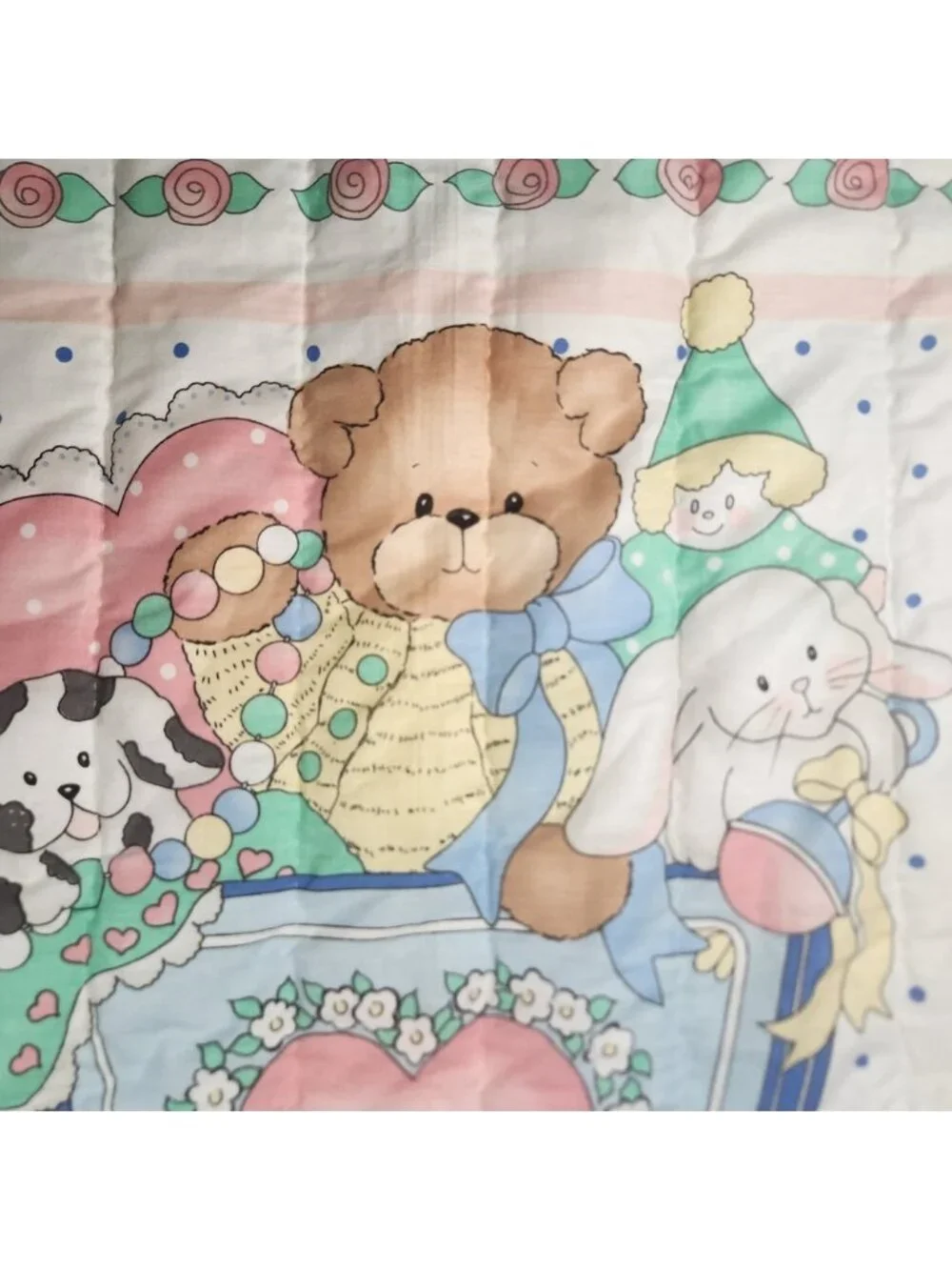 Vintage Teddy Bear Puppy Bunny Toy Box Baby Blanket Puff Quilt Blue Polka Dot